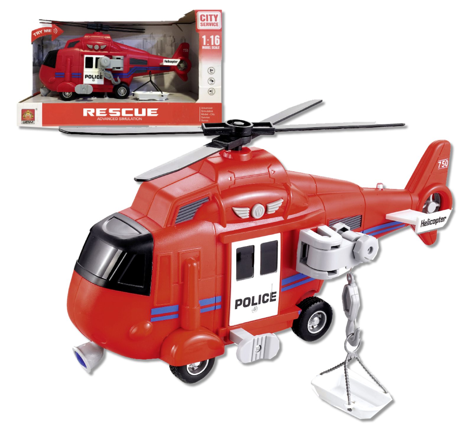 Ελικόπτερο κόκκινο friction διάσωσης, κλίμακας 1:16 με μπαταρία και ήχους που γυρίζει ο έλικας και ανοίγει η πλαϊνή πόρτα και από τον γάντζο ανεβοκατεβαίνει το φορείο.