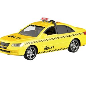 Το κίτρινο αυτοκίνητο friction ταξί μπαταρίας με 4 διαφορετικά κουμπιά για ήχους και φώτα, και πόρτες που ανοίγουν. Για παιδιά 3+ ετών.