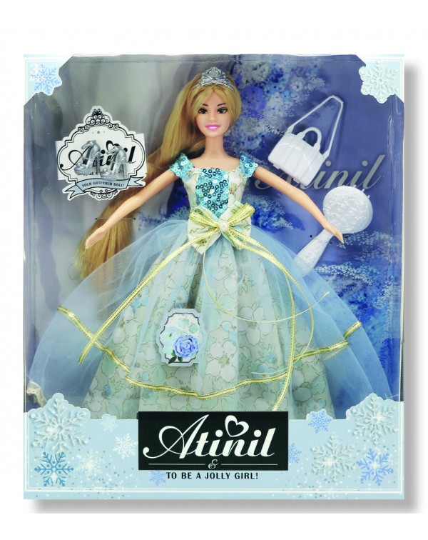Κούκλα Atinil με βραδινό  φόρεμα και φιόγκο στη μέση, που λυγίζει χέρια και πόδια, με αξεσουάρ τσάντα ή γοβάκια