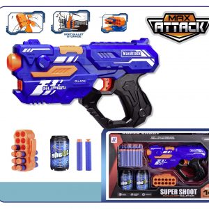 Όπλο (max attack) μήκους 26εκατ. με 14τμχ μαλακές αφρώδης σφαίρες, 2 στόχους και θήκη. Στόχευσε σημάδεψε με ακρίβεια, όπλισε και κατέρριψε τον στόχο σου.