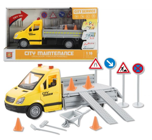 6159-1 Φορτηγό με οδικά σήματα friction μπαταρίας κλίμακας 1:16 με ήχους που ανοιγοκλείνει όλες τις πόρτες