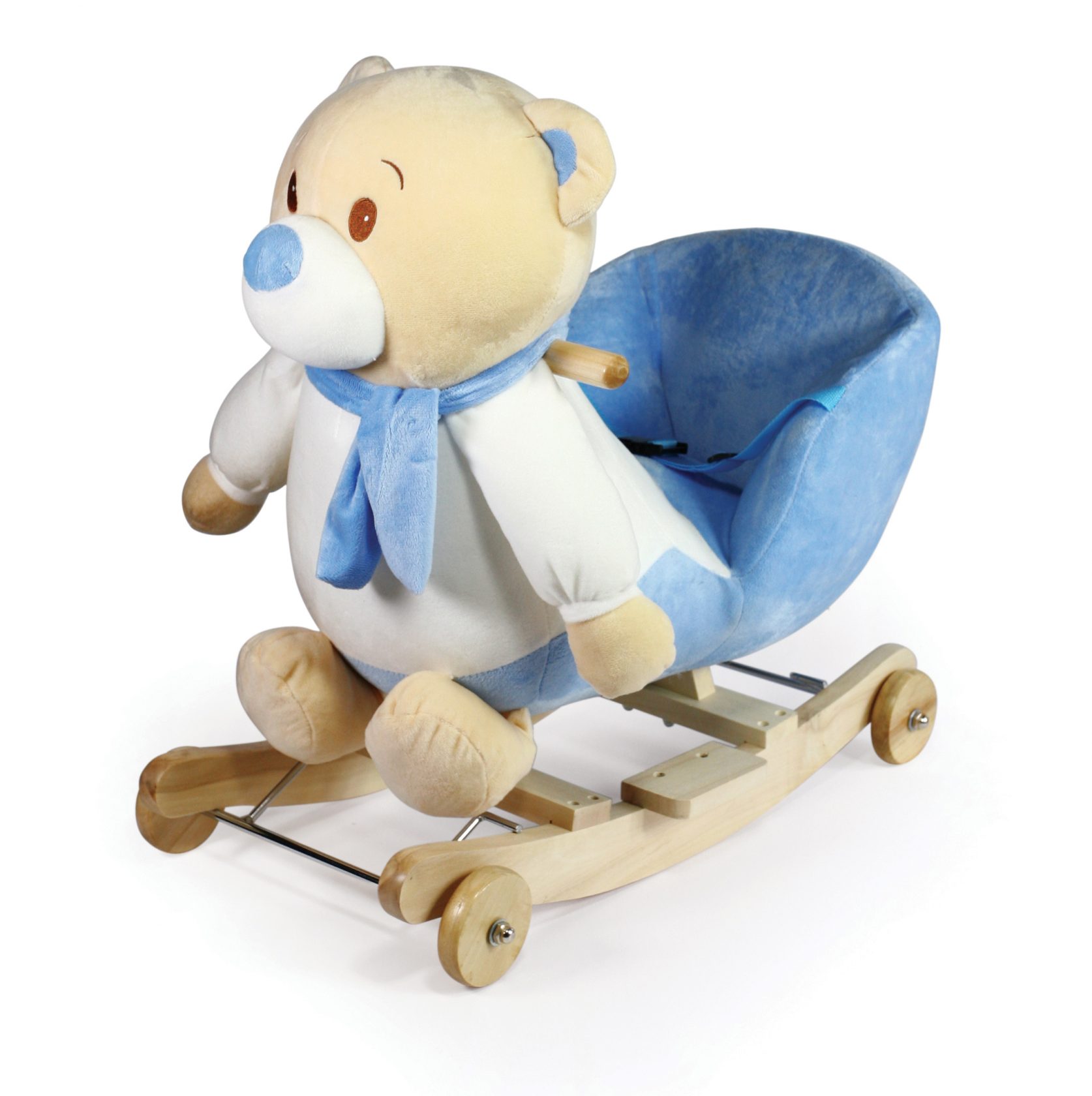 Κουνιστό αρκουδάκι σιελ Winnie με καθισματάκι με ζώνη ασφαλείας και ήχο. Οι ρόδες του βγαίνουν και γίνεται κουνιστό