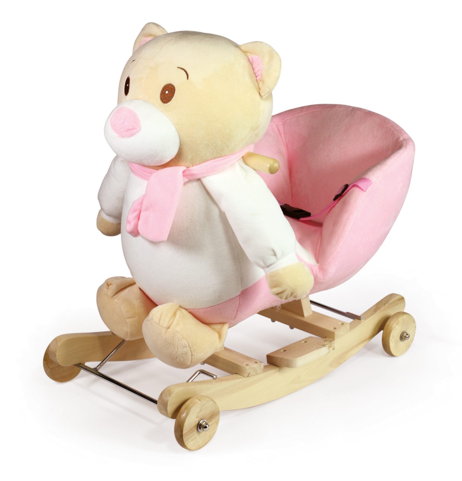 Κουνιστό αρκουδάκι ροζ Winnie με καθισματάκι με ζώνη ασφαλείας και ήχο. Οι ρόδες του βγαίνουν και γίνεται κουνιστό