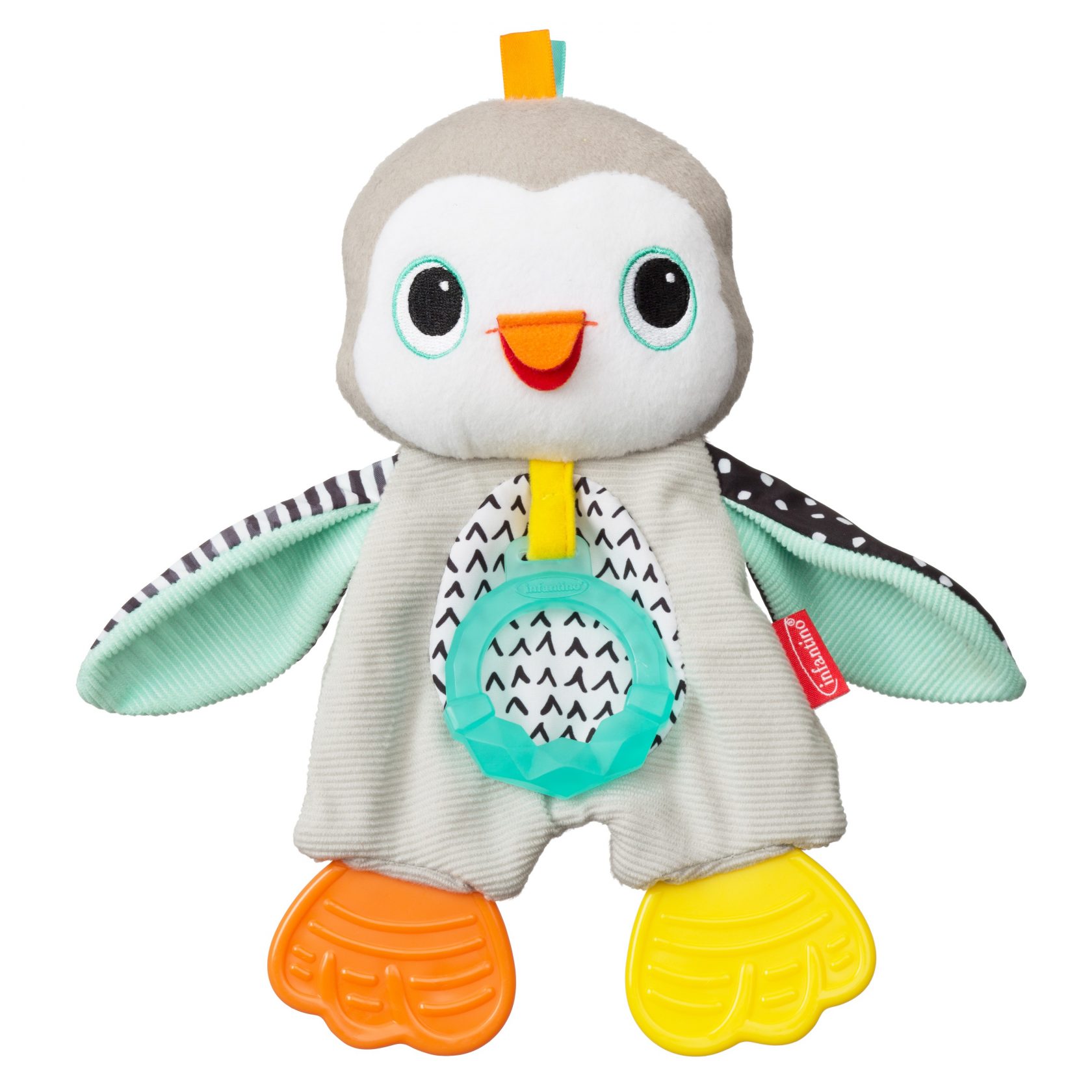 παιχνιδιάρικος, υφασμάτινος πιγκουίνος με πολύχρωμα φτερά με έντονα χρώματα, με ύφασμα αφής και 3 μασητικά. Για παιδιά 0+ μηνών