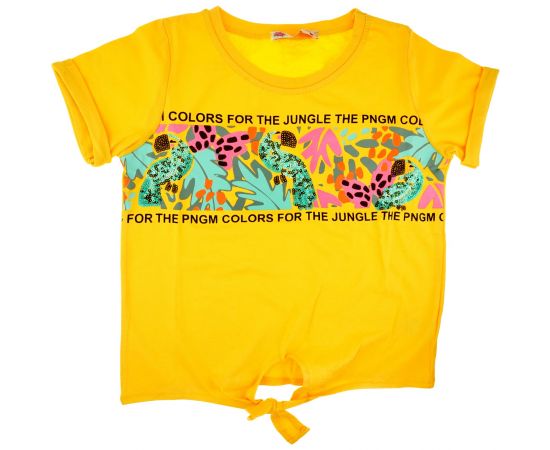 Κοντομάνικη μπλούζα με τύπωμα, παγιέτες, δέσιμο στο κάτω μέρος και ρεβέρ στα μανίκια.