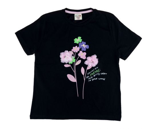Κοντομάνικο βαμβακερό μπλουζάκι με τύπωμα και απλικέ λουλουδάκια στο εμπρός μέρος.
