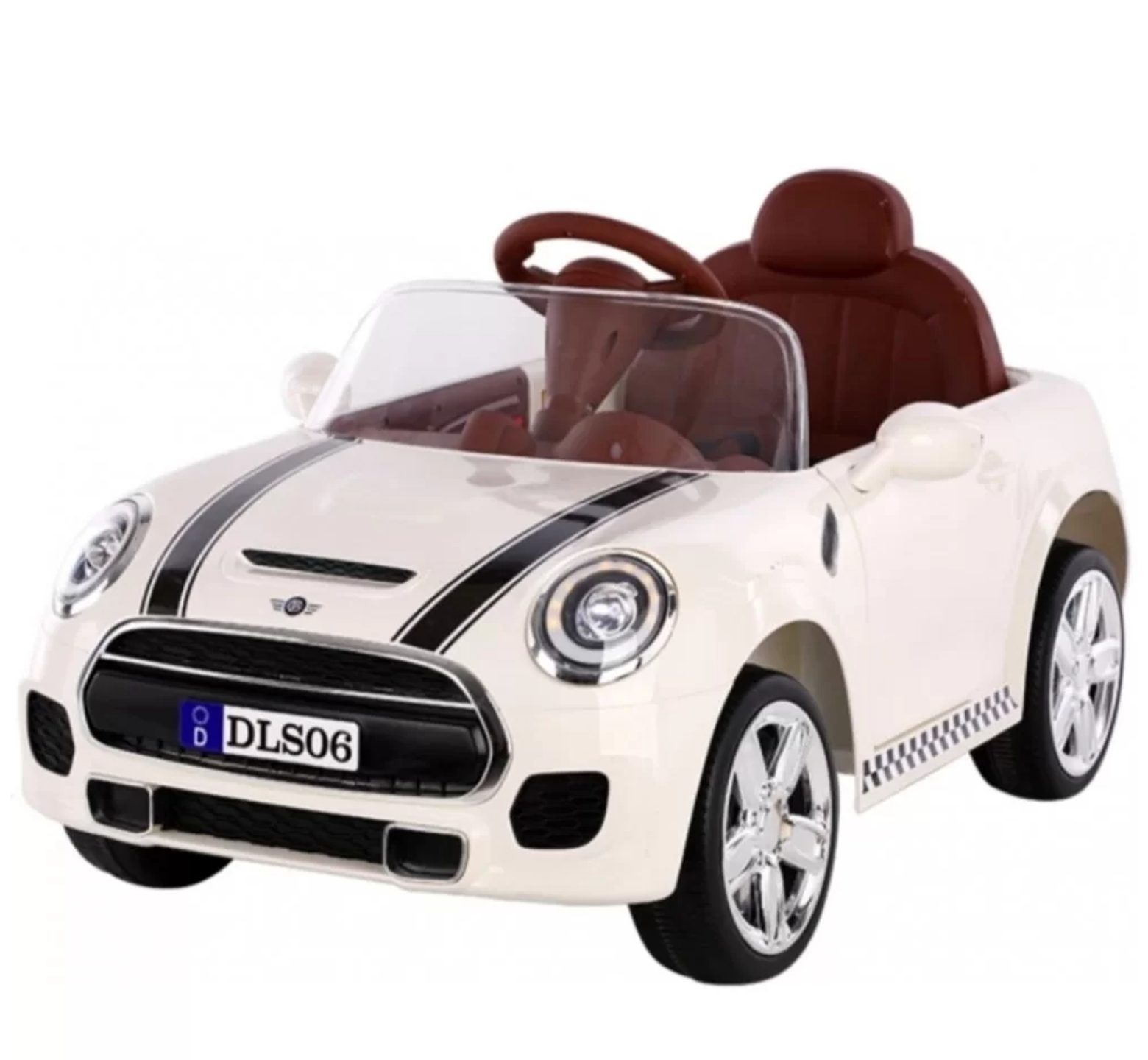 Ηλεκτροκίνητο αυτοκίνητο τύπου Mini Cooper 12V με δερμάτινο κάθισμα και ελαστικά τύπου αυτοκινήτου σε άσπρο χρώμα