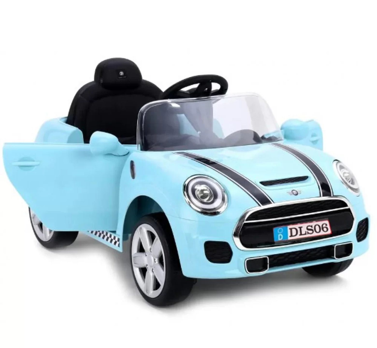 Ηλεκτροκίνητο αυτοκίνητο τύπου Mini Cooper 12V με δερμάτινο κάθισμα και ελαστικά τύπου αυτοκινήτου σε σιέλ χρώμα