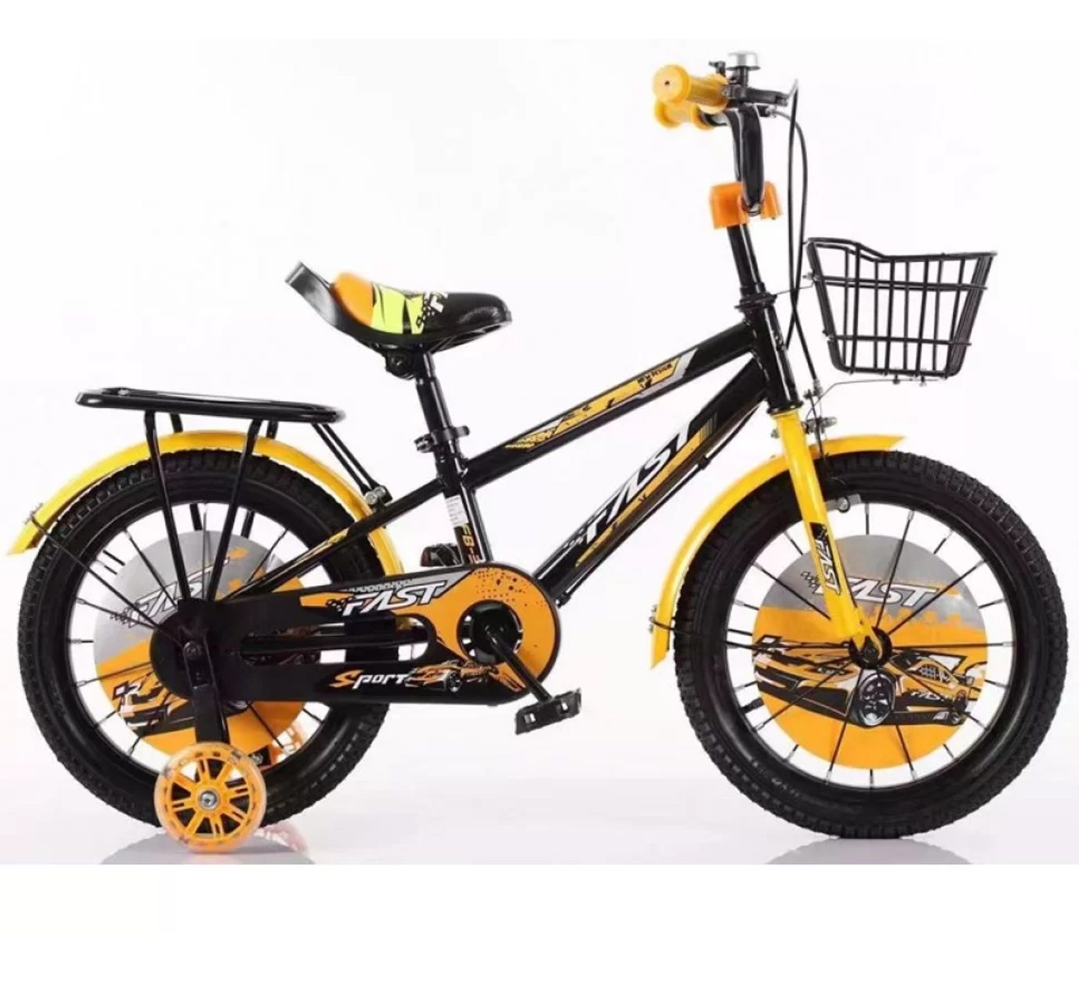 Ποδήλατο Fast Sport 12 - 16 ιντσών με καλάθι και σχάρα σε μαύρο πορτοκαλί χρώμα