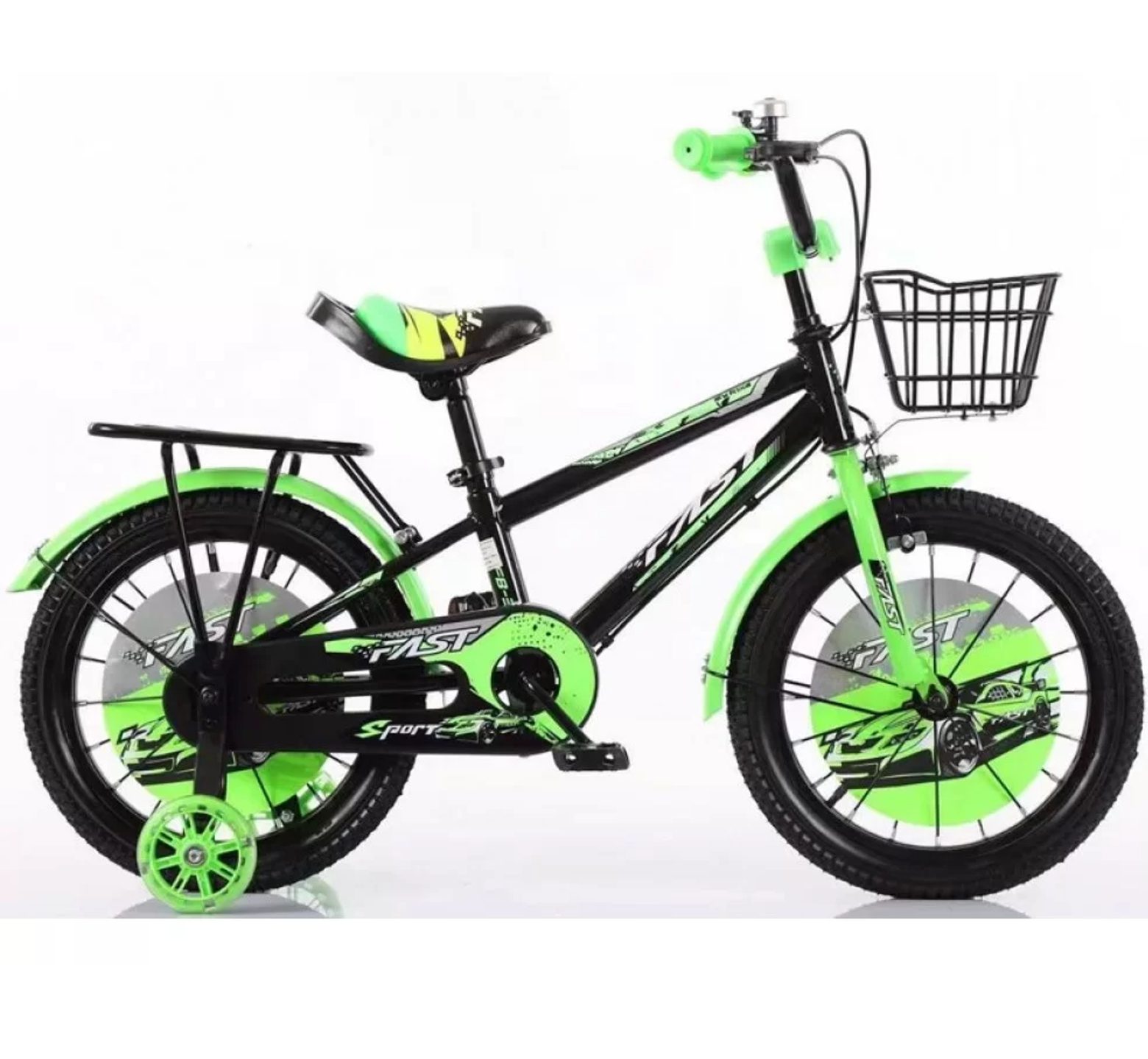 Ποδήλατο Fast Sport 12 - 16 ιντσών με καλάθι και σχάρα σε μαύρο πράσινο χρώμα