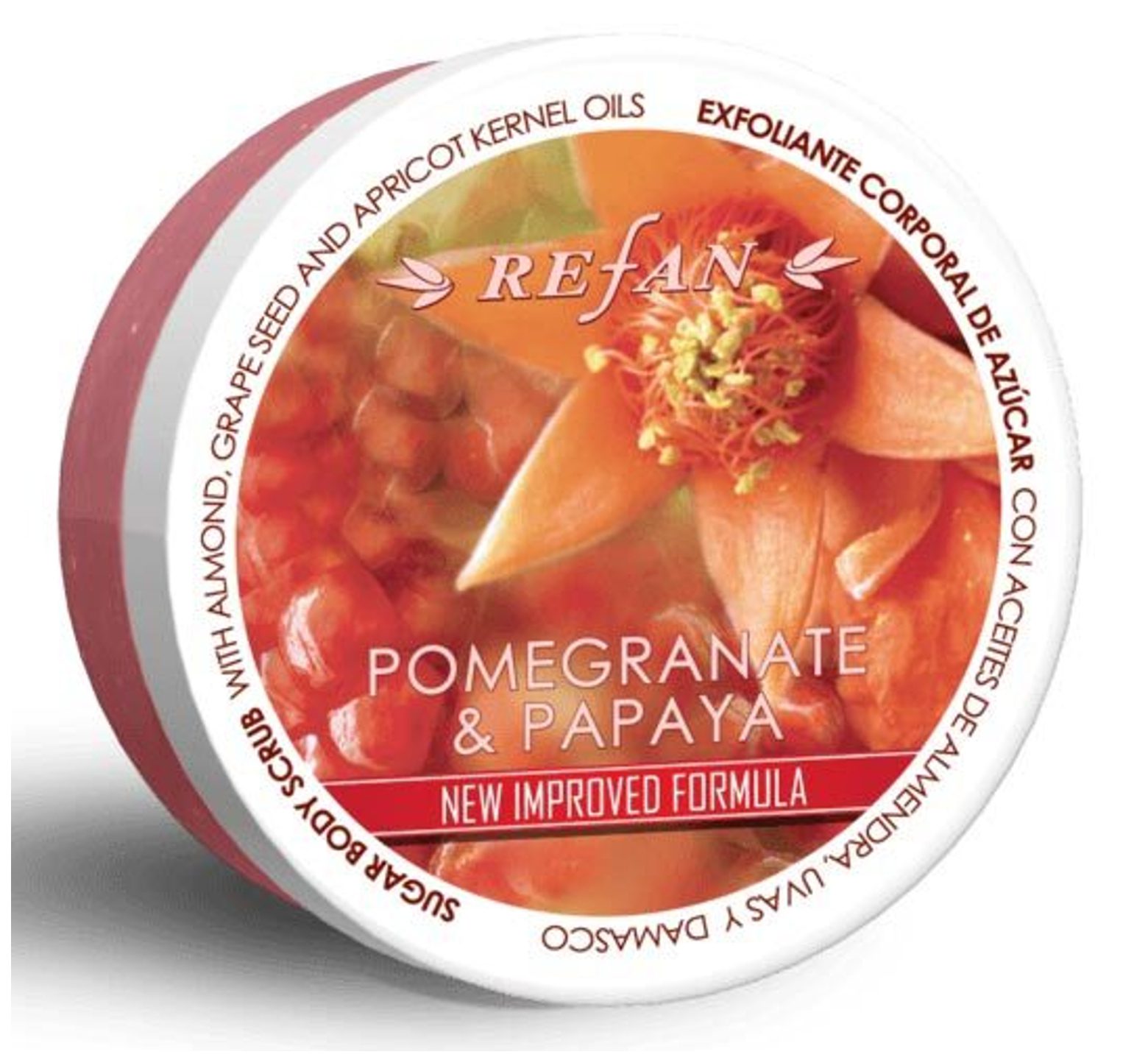 Refan sugar scrub σώματος Pomegranate & Papaya απολέπιση, αντιμετώπισης κυτταρίτιδας και χαλάρωσης 240gr