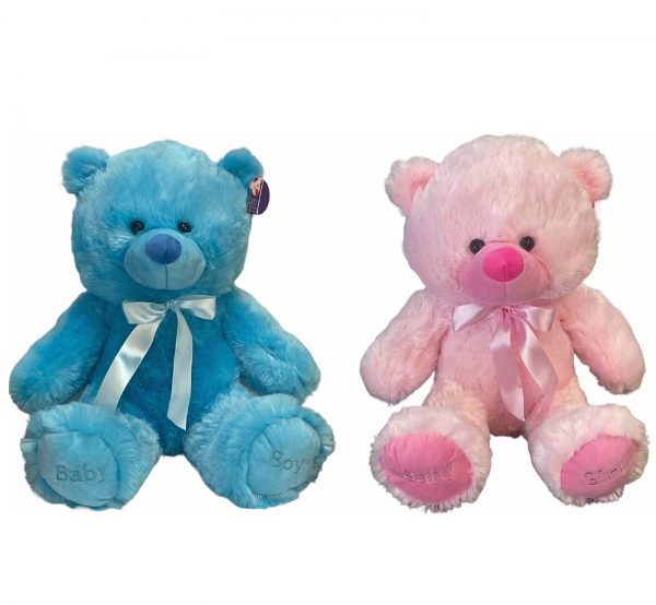 Λούτρινος καθιστός αρκούδος 35 εκ ύψος σε 2 χρώματα μπλε ή ροζ με σατεν παπιόν και στις πατούσες γράφει “Baby Boy” ή “Baby Girl”