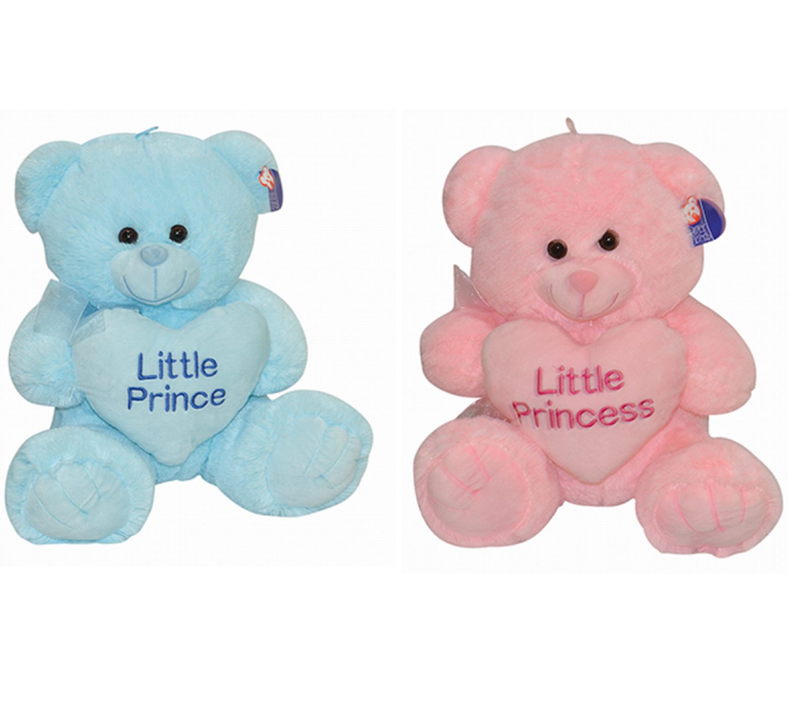 Λούτρινος καθιστός αρκούδος 25 ή 35 εκ ύψος σε 2 χρώματα μπλε ή ροζ που κρατάει καρδιά που γράφει "little prince" και "little princess"