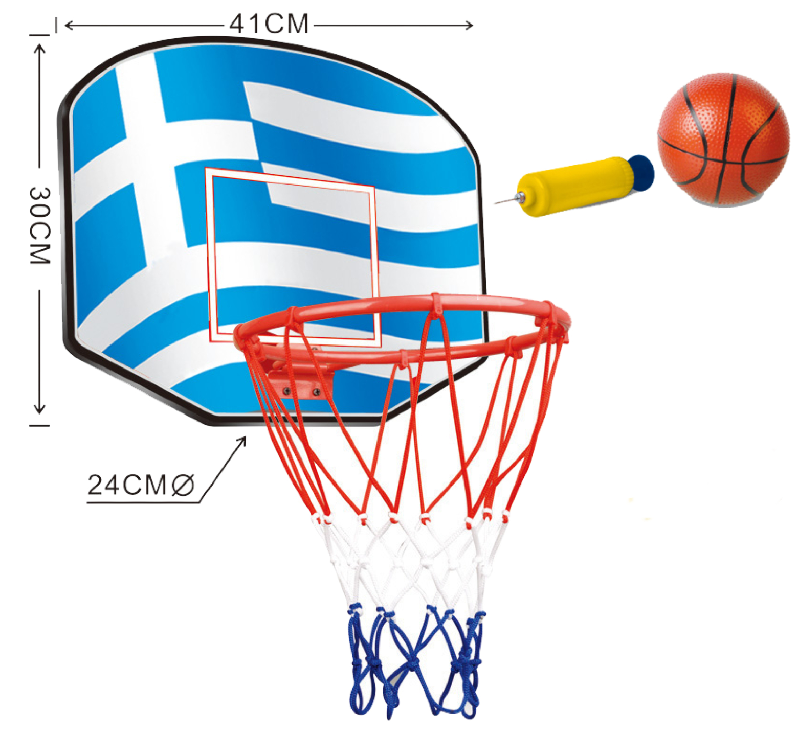 Ξύλινο ταμπλό μπασκέτας με την Ελληνική σημαία και μεταλλικό στεφάνι διαμέτρου 24εκ