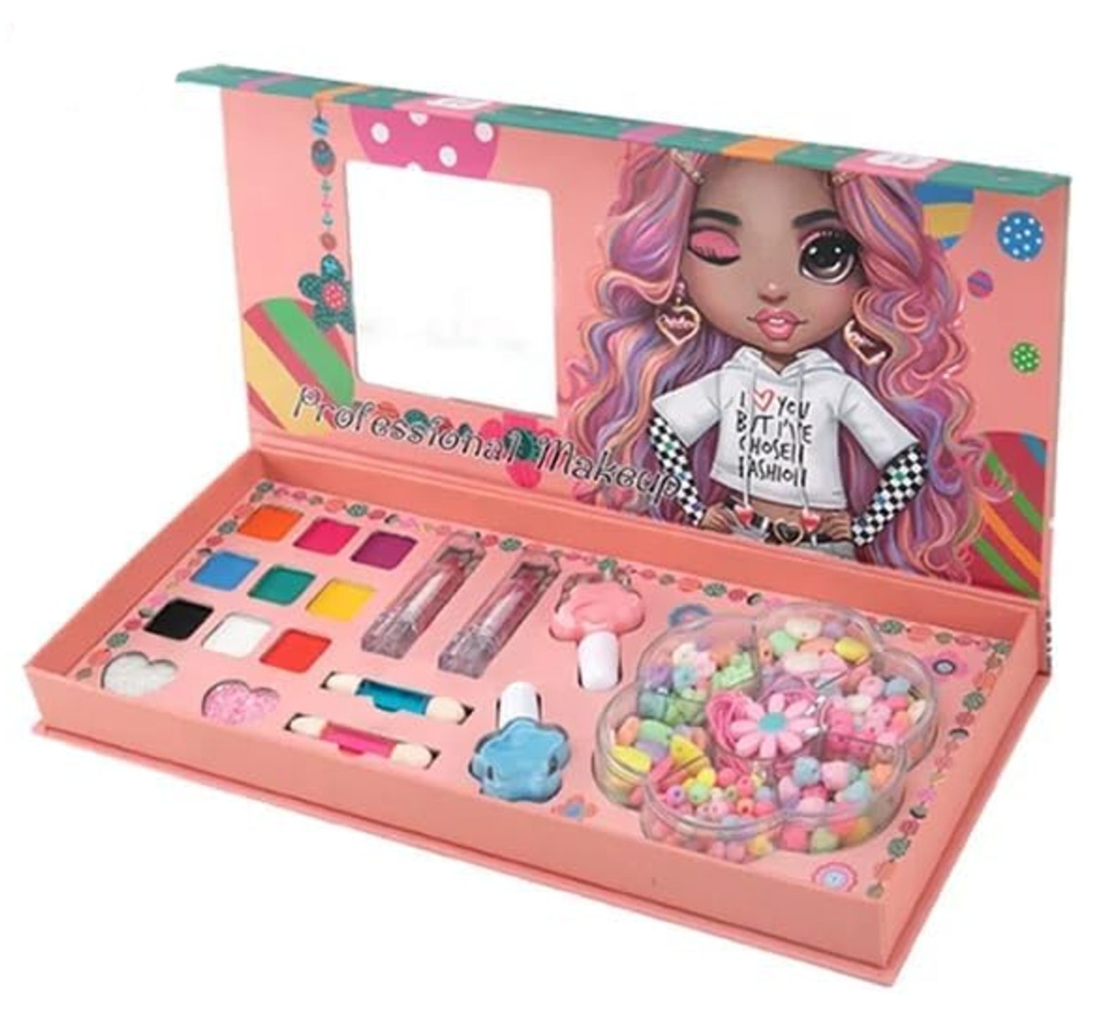 κασετίνα ομορφιάς με make up σκιές κραγιόν για τα χείλη μανό για τα νύχια και χάντρες για κολιέδες η βραχιόλια δερματολογικά ελεγμένα